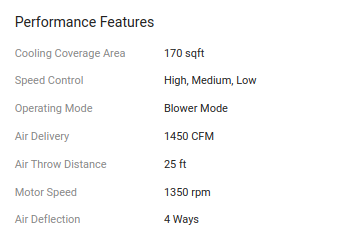 cfm value on cooler specification