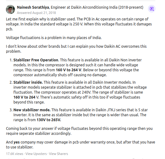 daikin engineer's answer for need of voltage stabilizer in daikin AC